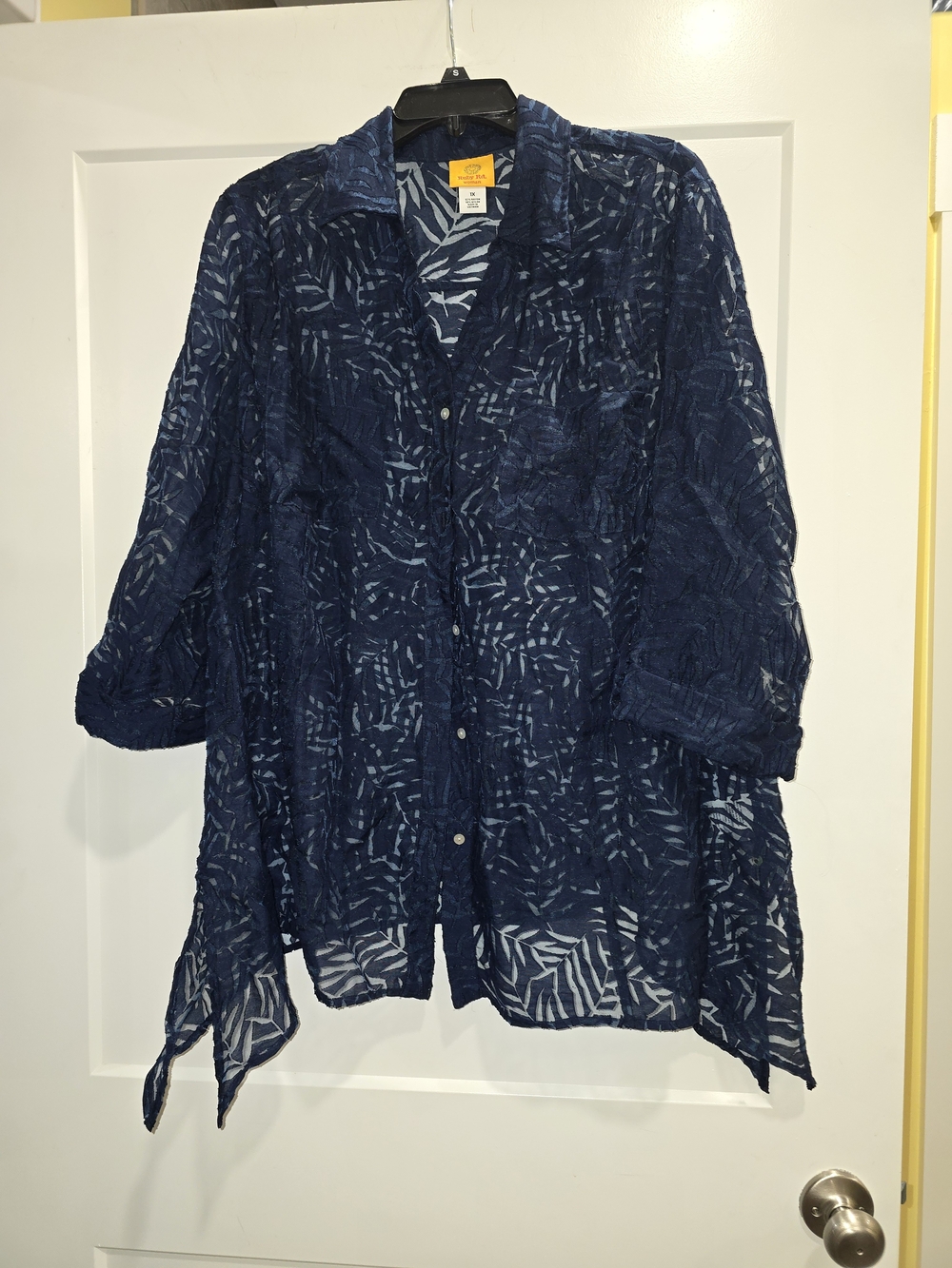 Ruby Rd. Lightweight Navy Blue Patterned Button-Front Women's Shirt, Size 1x,